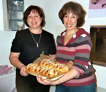Rimma and Faina bake challa for Kiddush.